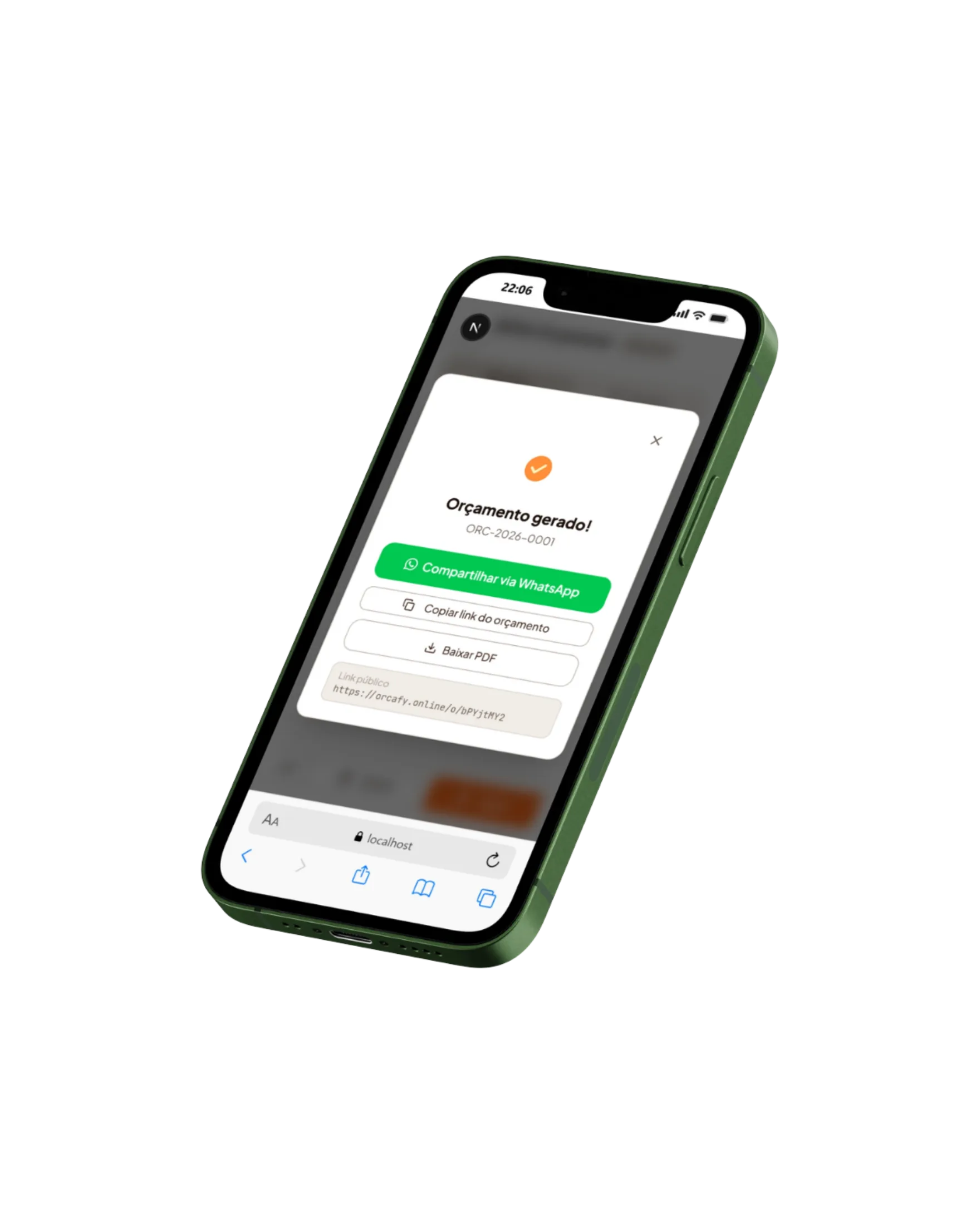 Tela de orçamento gerado no Orçafy, pronta pra compartilhar por WhatsApp